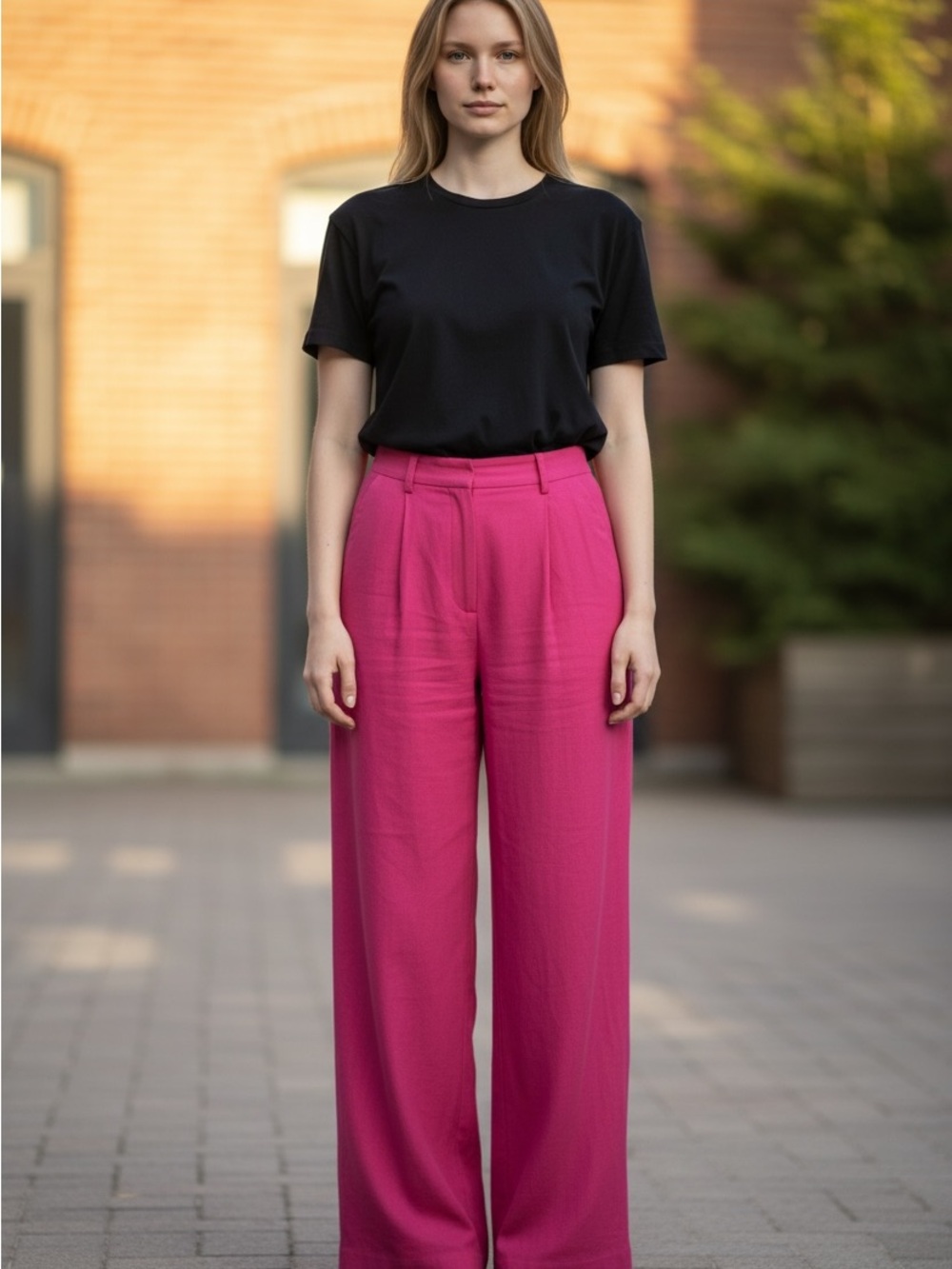 Zara Wide-Leg High-Waist Pants in Bright Pink